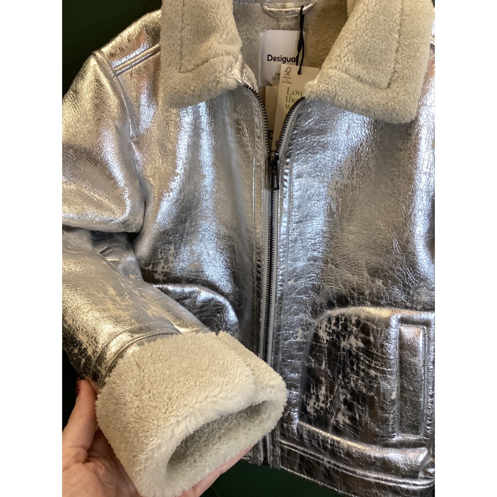Desigual Silver Metallic Aviator Jacket Kids Size 9/10 NWT Faux Shearling Biker - Picture 2 of 6